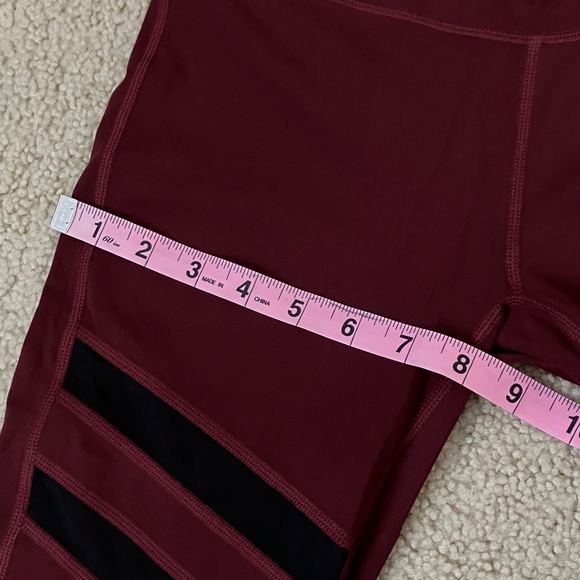 Burgundy High Waisted Leggings with Mesh Black Stripes - Picture 6 of 8